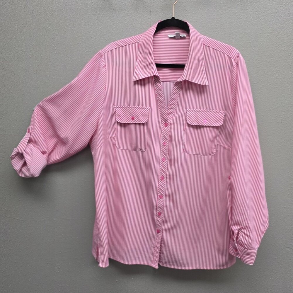 Notations Shirt Womens 2X Pink White Stripe Button Front Roll Tab Sleeves Blouse